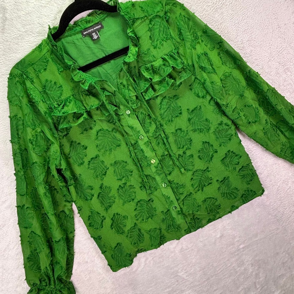 Saks Fifth Avenue Womens Blouse Size M Green Ruffle Floral Textured Long Sleeve